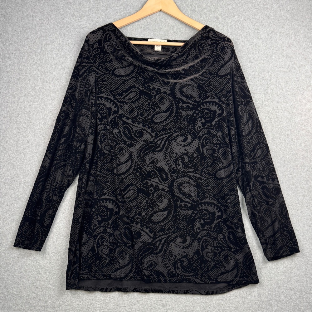 Coldwater Creek Cowl Neck Top Womens XL 16 Black Paisley Burnout Velvet Goth